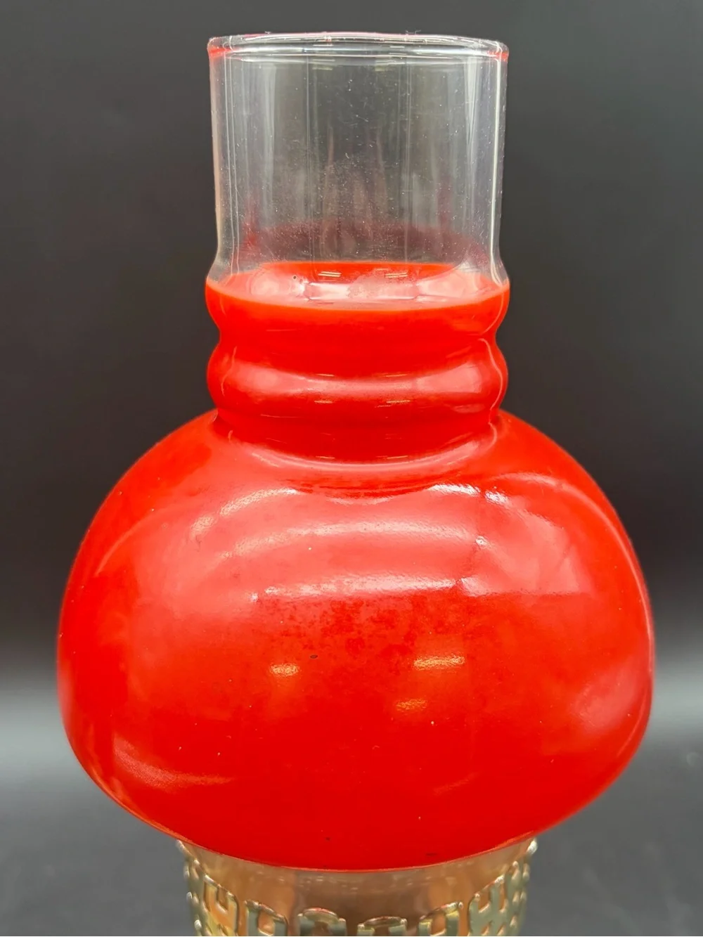 Vintage Pair Red Shade Hurricane Lamps Brass Bedside Lights Floral Grannycore